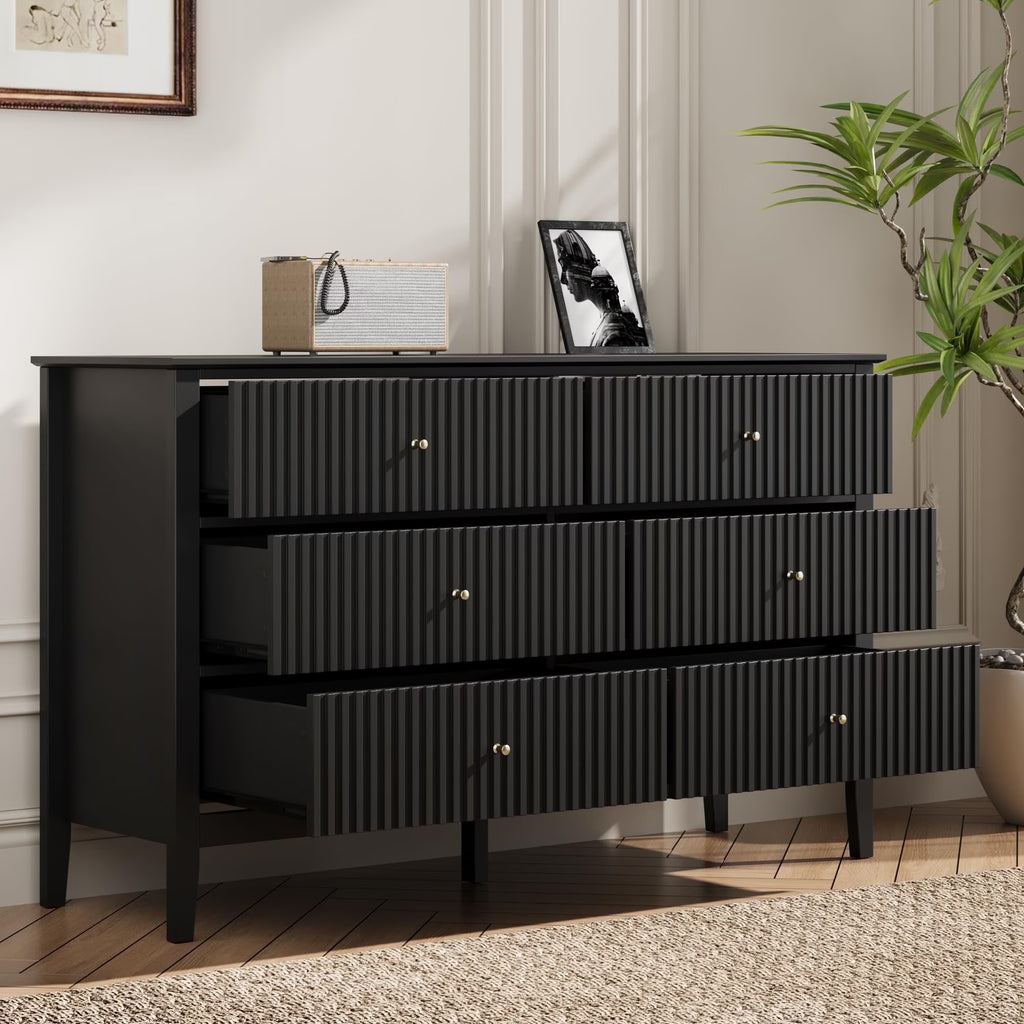 Heynemo Beige 6 Drawer Dresser, Fluted Modern Wood Chest
