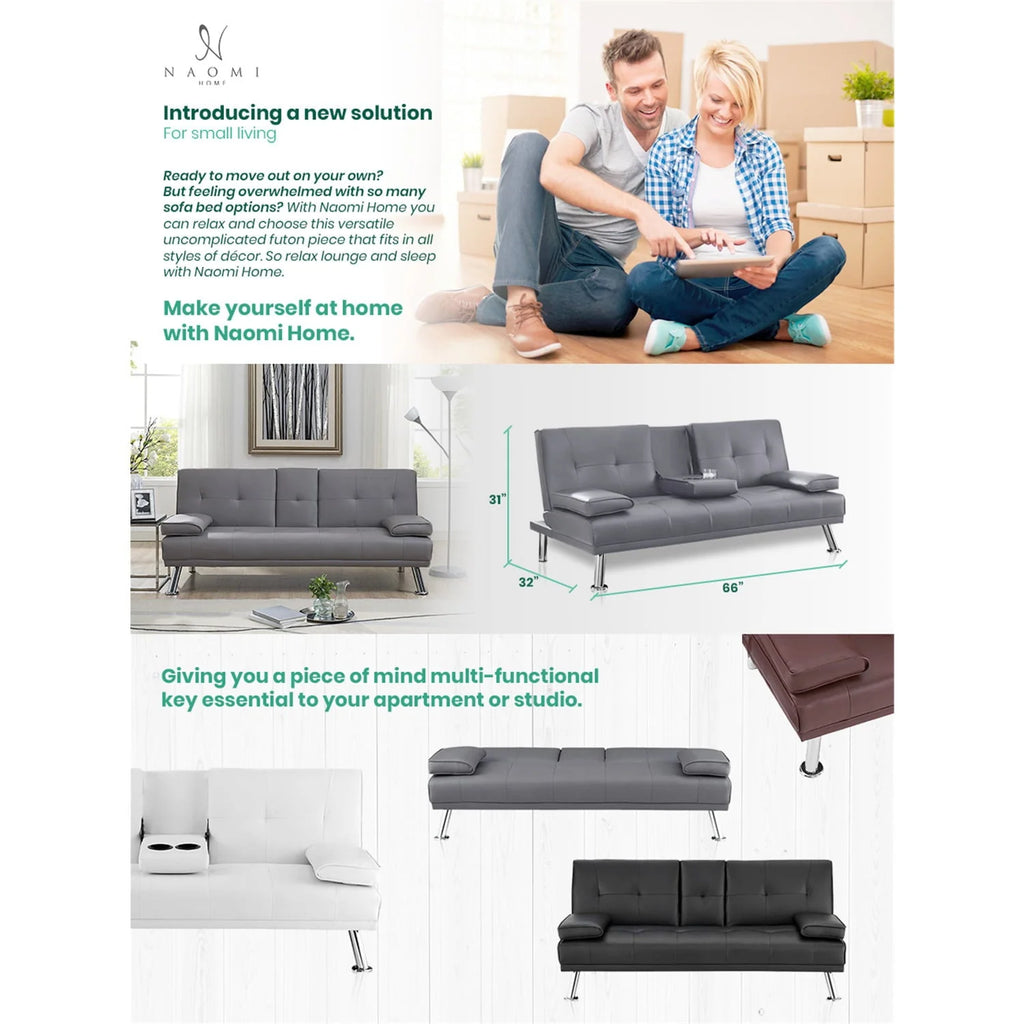 Futon Sofa with Armrest and Cupholders by Naomi Home-Color:Espresso