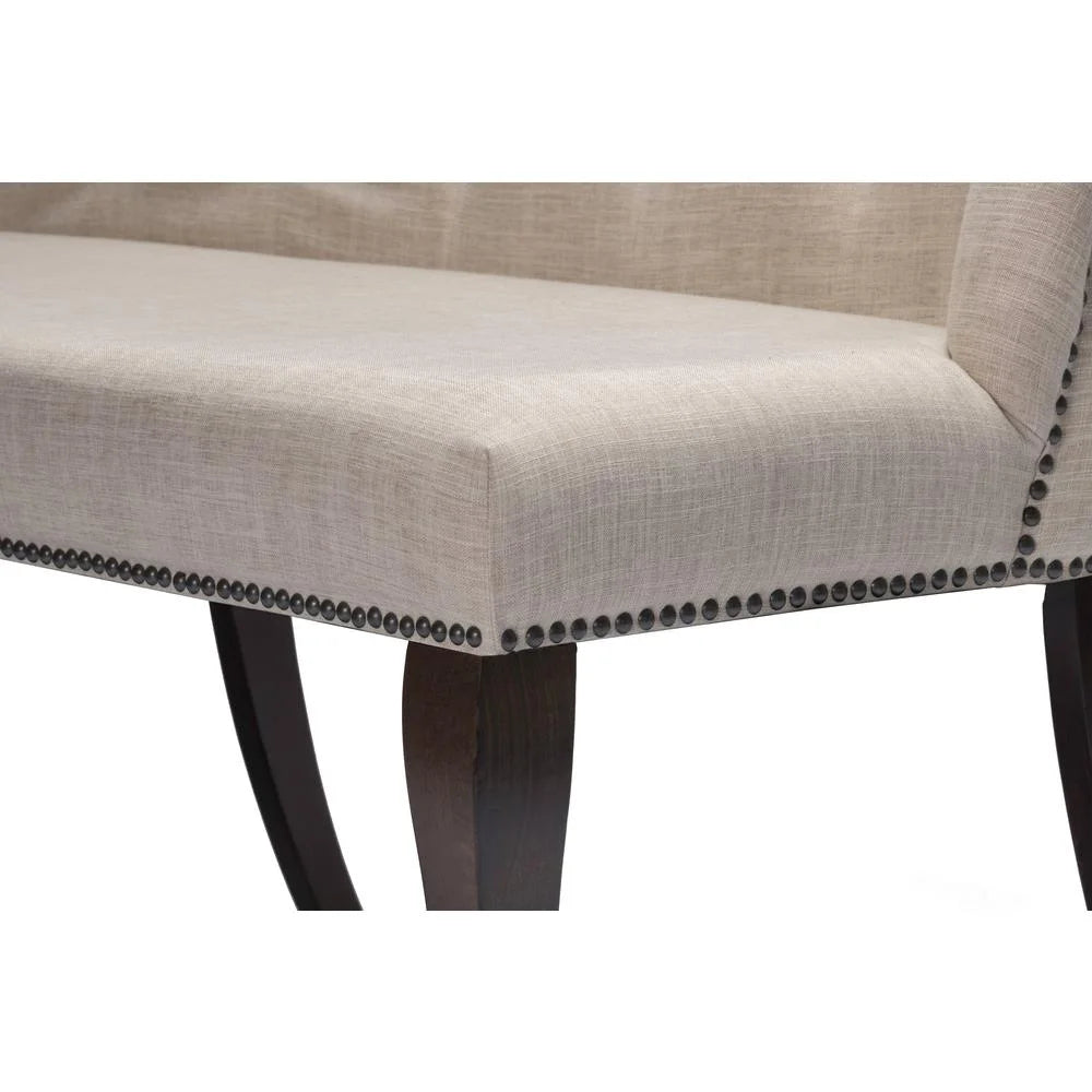Cappuccino Wood Dining Bench Upholstered with Beige Linen Fabric