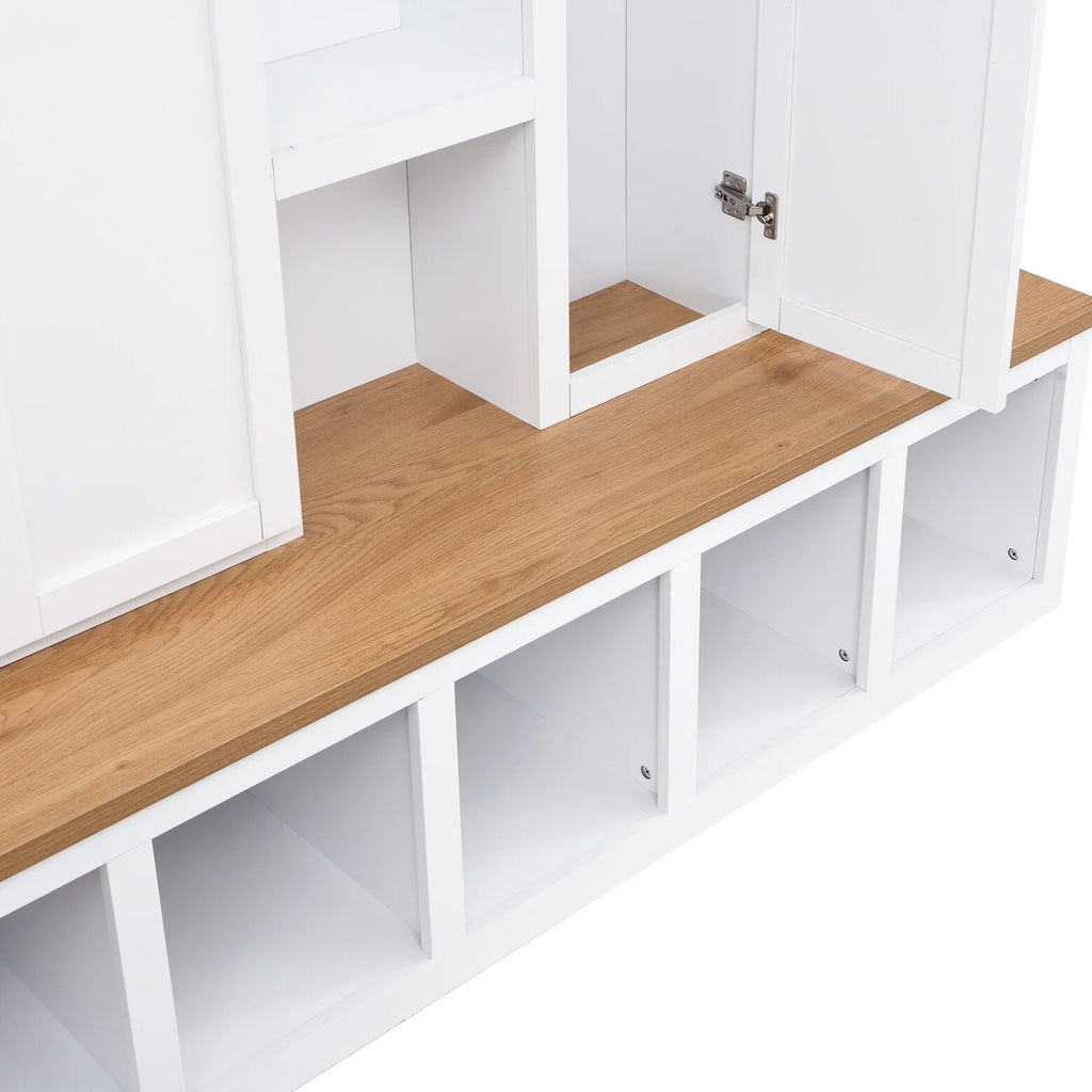 63" Farmhouse Hall Tree with Bench and Shoe Storage, 4-in-1 Entryway Bench with 4 Storage Cabinets, 5 Shoe Cabinets and 6 Hanging Hooks, Black