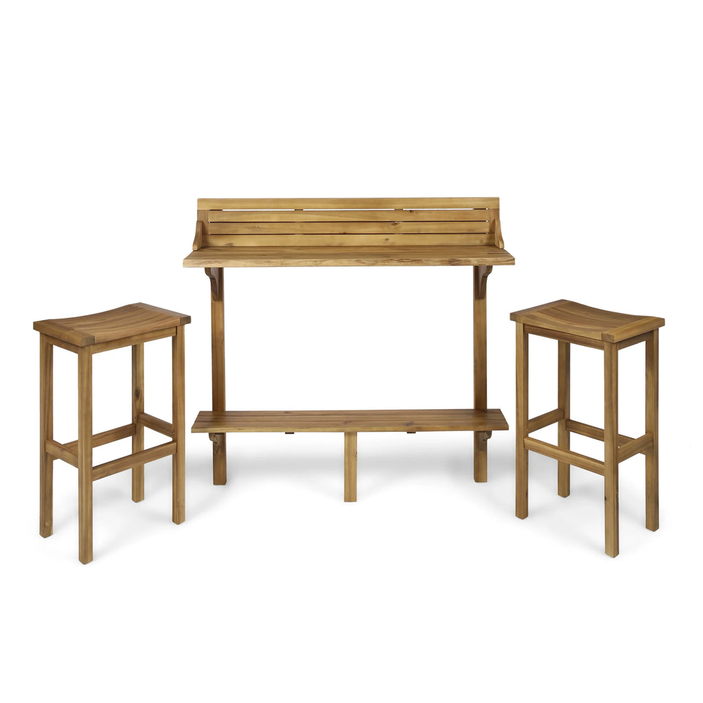 Caribbean Outdoor 3 Piece Acacia Wood Balcony Bar Set, Natural Stained