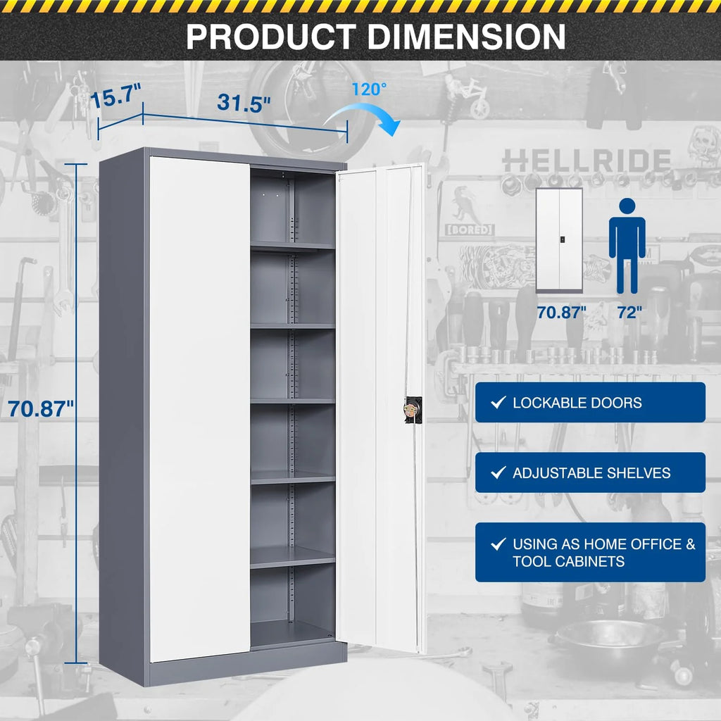 Fesbos Metal Garage Storage Cabinet,71" H Tall White Cabinet with 2 Doors and 5 Adjustbale Shelves,Lockable Tool Cabinet for Garage, Basement, Home Office