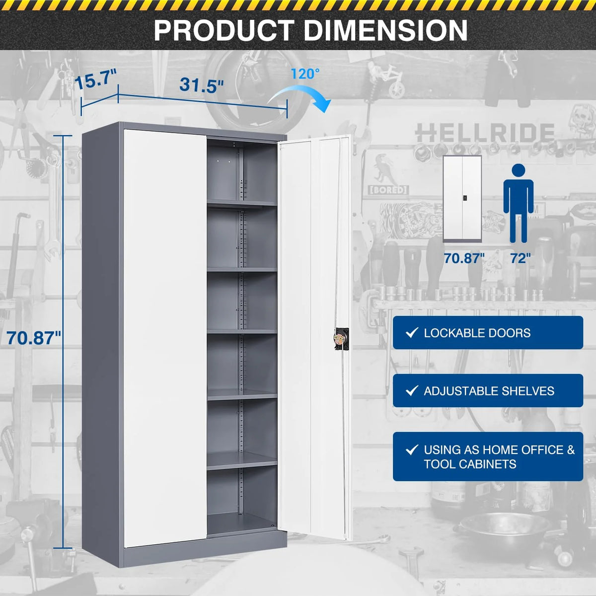 Fesbos Metal Garage Storage Cabinet,71" H Tall White Cabinet with 2 Doors and 5 Adjustbale Shelves,Lockable Tool Cabinet for Garage, Basement, Home Office
