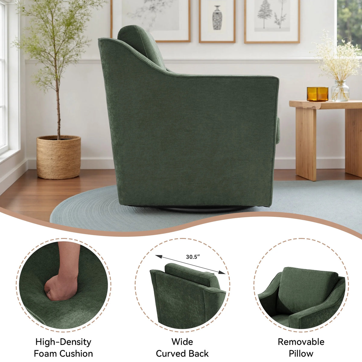 Swivel Accent Chair for Living Room, Modern Upholstered Barrel Arm Chair with Plump Back Pillow, Comfy Club Sofa Reading Chair for Adults (Chenille Navy, Set of 1)