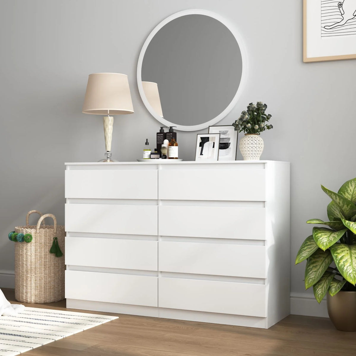 Resenkos Mid Century Modern 8 Drawer Dresser for Bedroom with Hidden Handle White