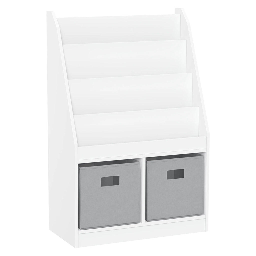 RiverRidge Kid Bookshelf Toy Storage Organizer with 4 Bookracks 2 Cubbies and 2 Gray Bins