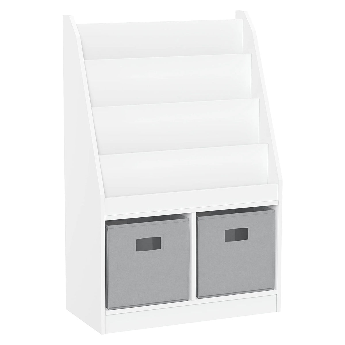 RiverRidge Kid Bookshelf Toy Storage Organizer with 4 Bookracks 2 Cubbies and 2 Gray Bins