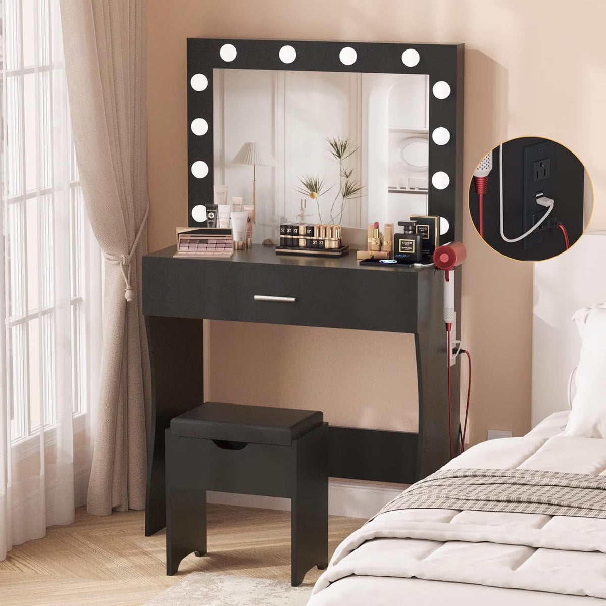 Vanity Table Set with Lighted Mirror,Makeup Vanity with Lights, Large Drawer Sturdy Wood Vanity, White