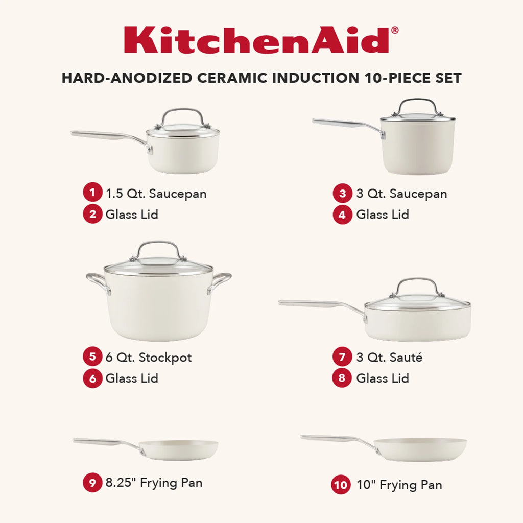 KitchenAid Hard-Anodized 10 Pcs Ceramic Induction Cookware Set, Dishwasher Safe and Oven Safe to 500?��F, Porcelain White