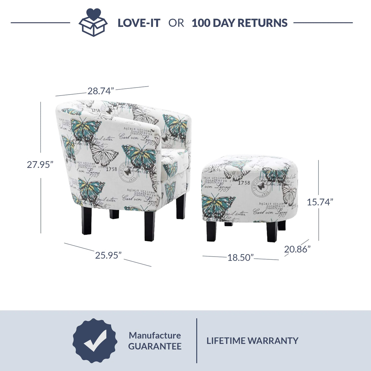 BELLEZE Accent Club Chair with Ottoman - Lydia (Butterfly White)