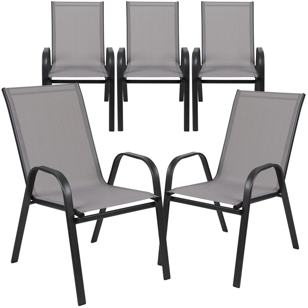 BizChair 5 Pack Black Outdoor Stack Chair with Flex Comfort Material and Metal Frame