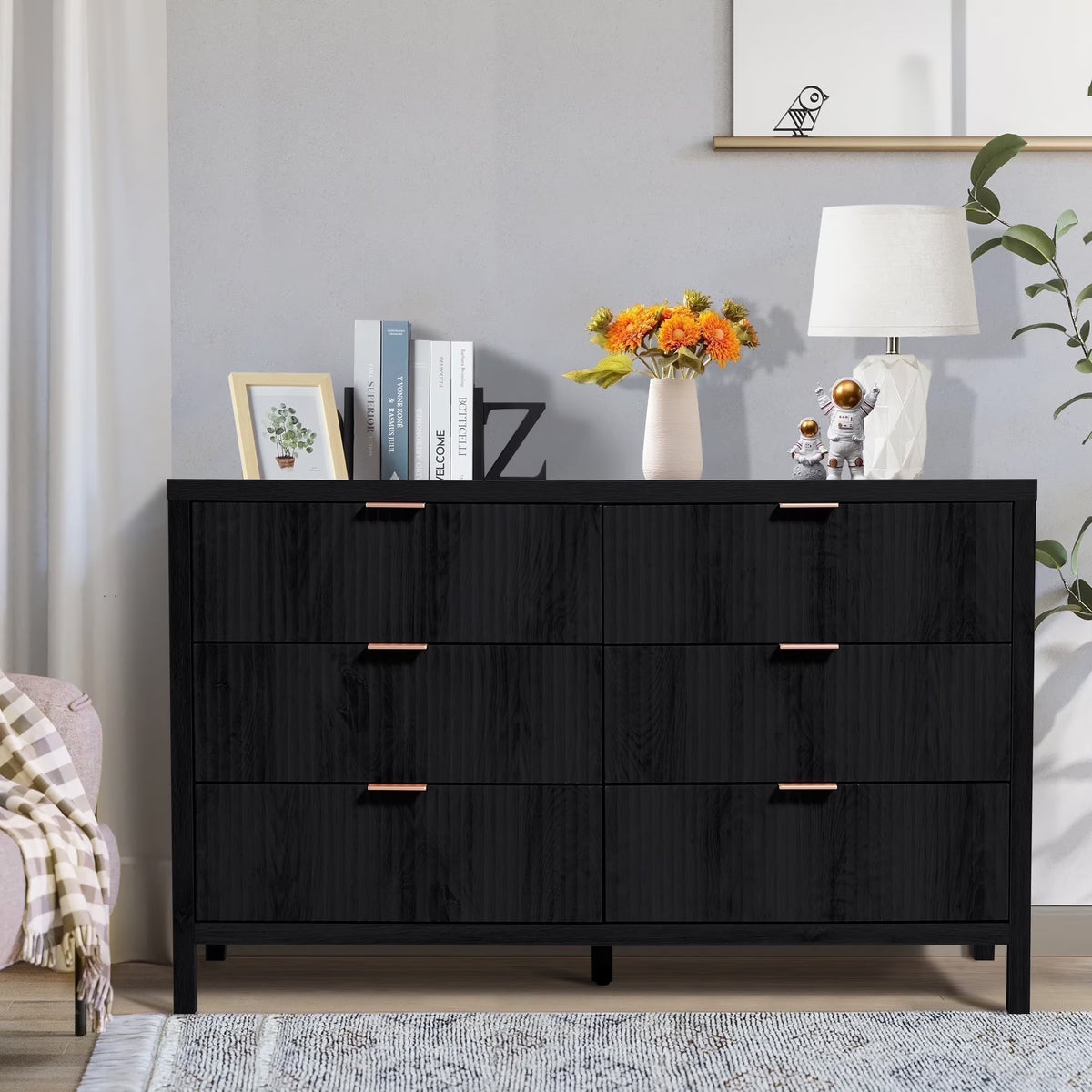 YOCWO Fluted Nightstand for Bedroom Set of 2 , Wood Bedside Table Set of 2 with Drawers, Black