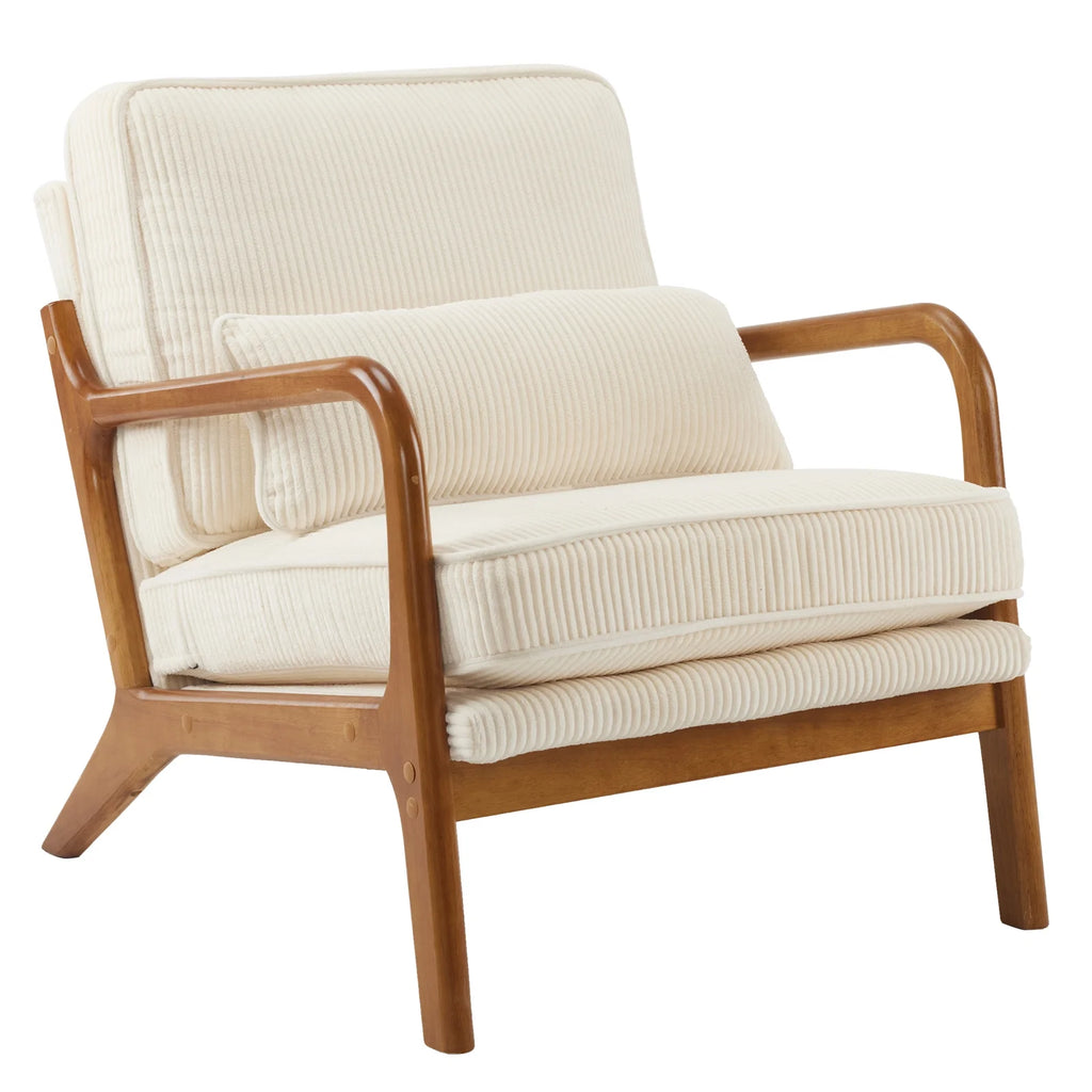 Ktaxon Accent Chair Corduroy Upholstered Armchair, Reading Club Chair with Pillow and Solid Wood Frame for Living Room Bedroom Furniture Off White