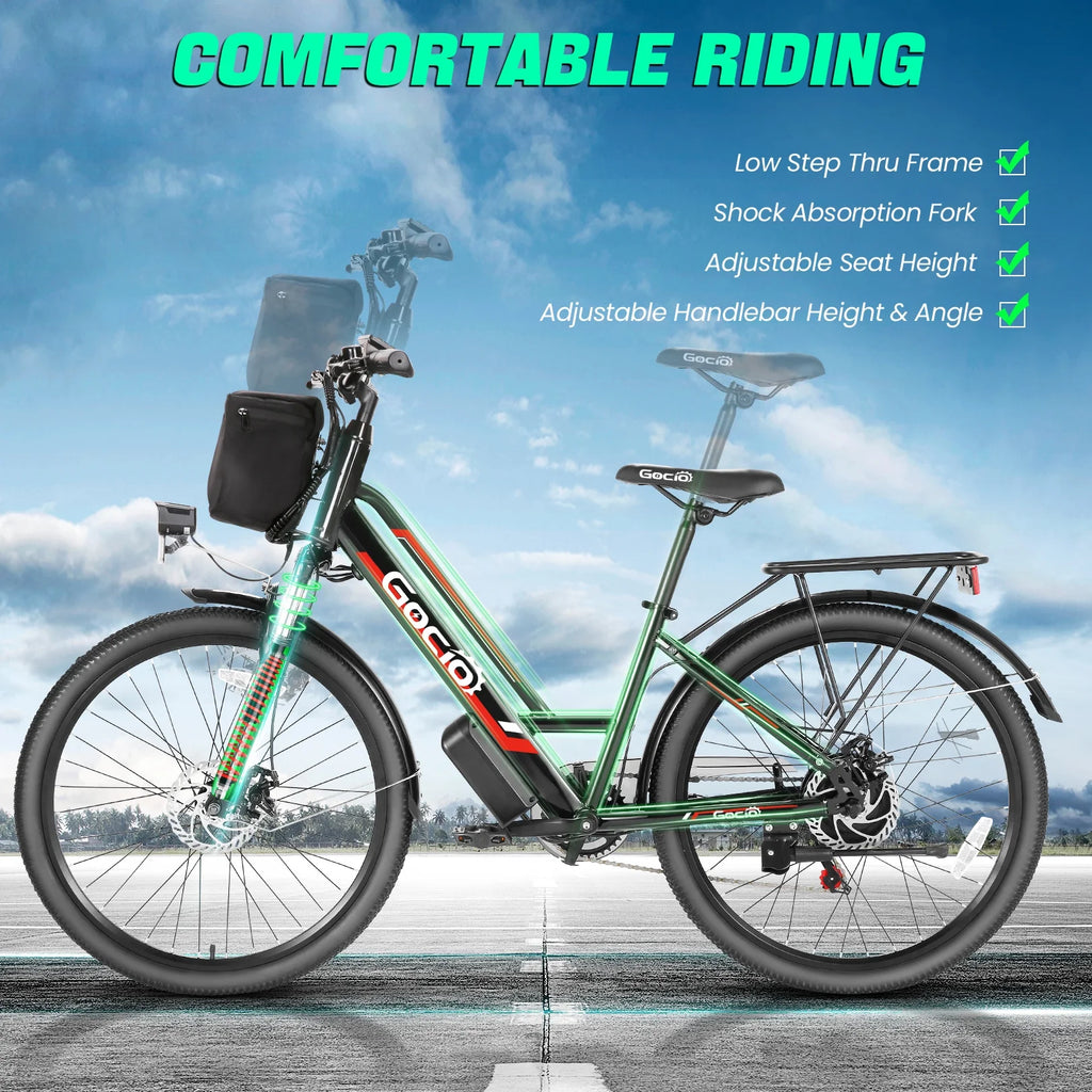 Gocio 26" Electric Bike for Adults, 500W Electric Cruiser Bike, 48V/7.8Ah Removable Battery, 7 Speed, City Commuting E-bike, UL2849