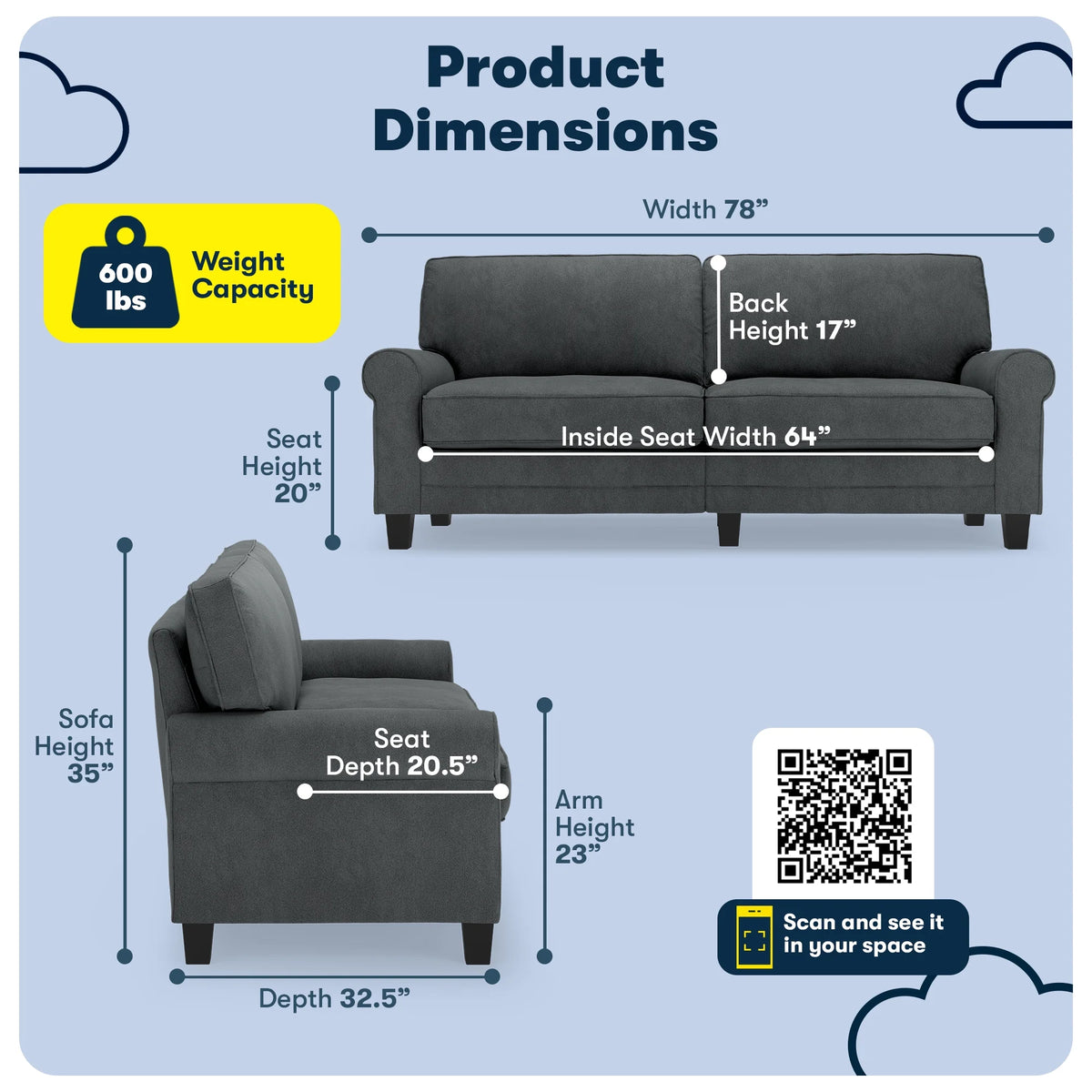 Serta Copenhagen 78" Rolled Arm Sofa with Removable Covers Dark Brown
