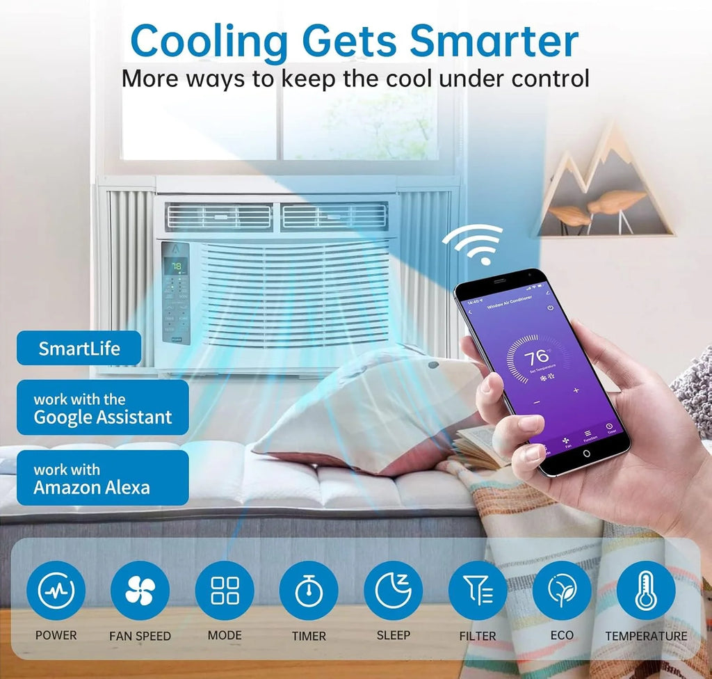GAOMON Smart 6000 BTU Window Air Conditioner �C WiFi-Enabled AC with Remote & App Control, Timer, Sleep Mode, Easy Install Kit, Cools Rooms Up to 350 Sq. Ft, 115V, White