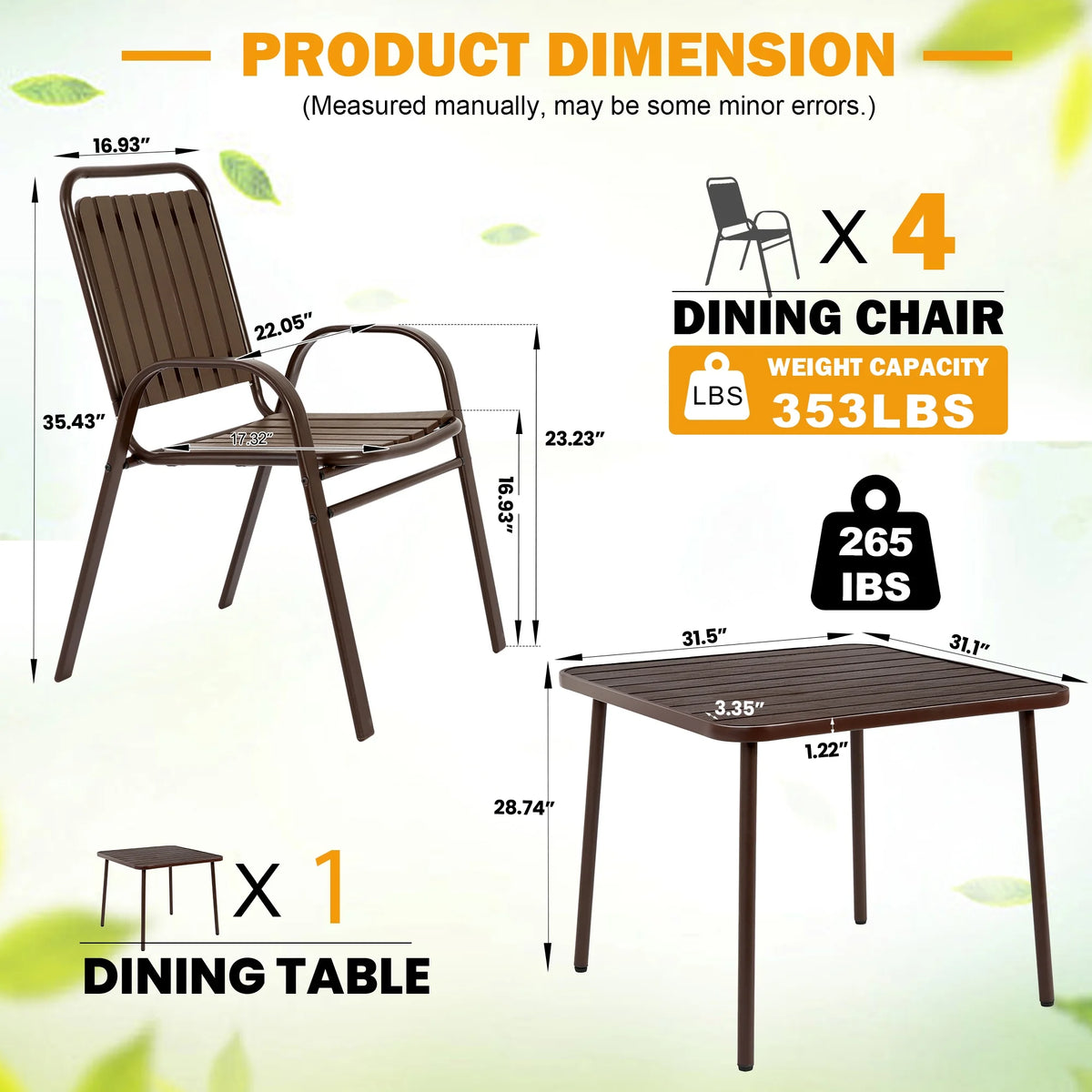 Seizeen 7-Piece Outdoor Table and Chairs, Patio Table Set with 6 Rattan Chairs, All-weather Outdoor Patio Dining Sets Rectangular Metal Table with Acacia Wood Top, Umbrella Hole, Gray