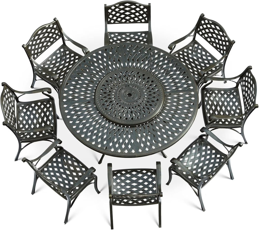 VIVIJASON 9-Piece Patio Dining Set, Rust-Free Cast Aluminum Outdoor Furniture Set, 8 Patio Dining Chairs and 61" Round Dining Table with 31" Lazy Susan, Umbrella Hole for Backyard, Patio, Garden