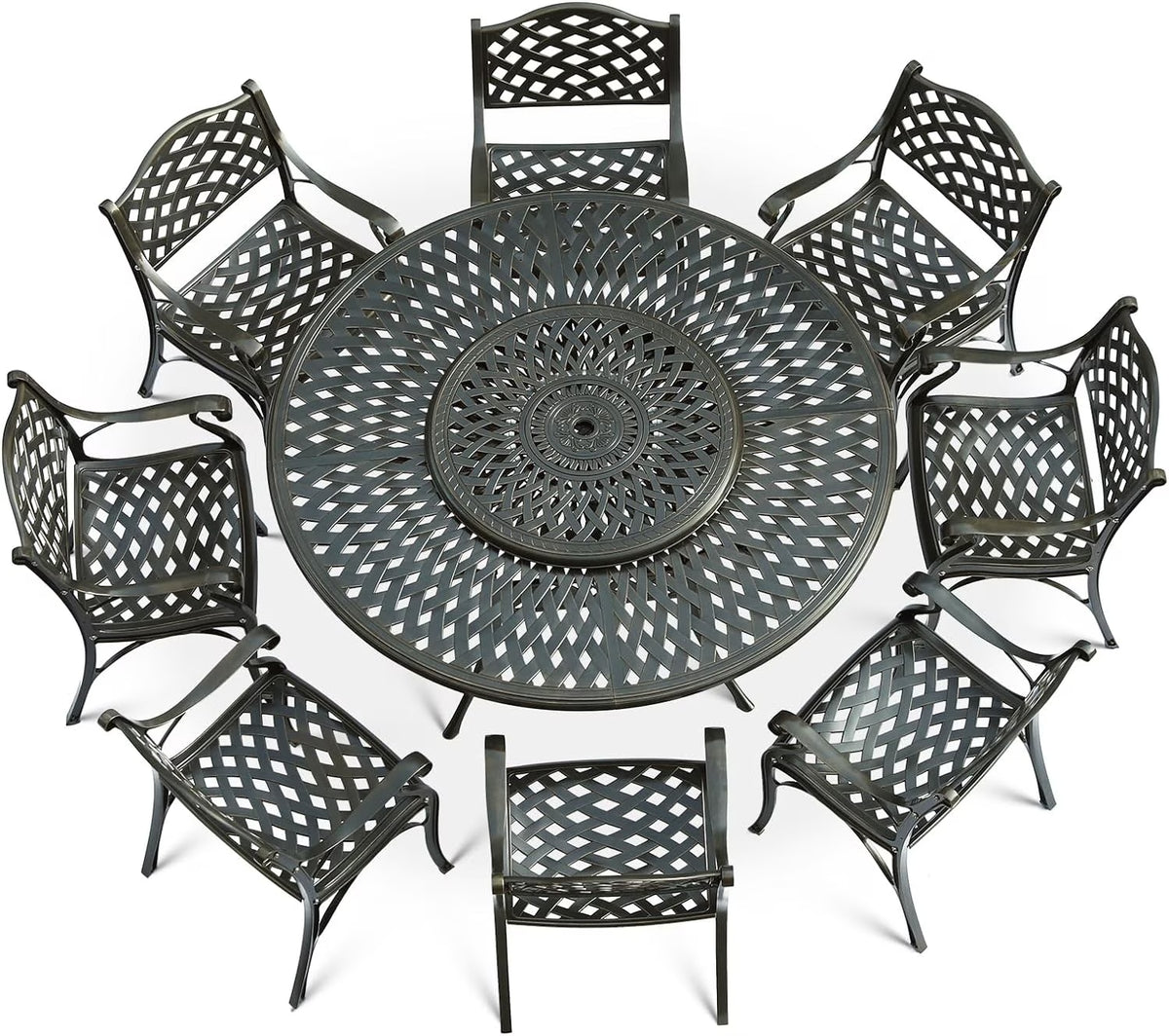 VIVIJASON 9-Piece Patio Dining Set, Rust-Free Cast Aluminum Outdoor Furniture Set, 8 Patio Dining Chairs and 61" Round Dining Table with 31" Lazy Susan, Umbrella Hole for Backyard, Patio, Garden