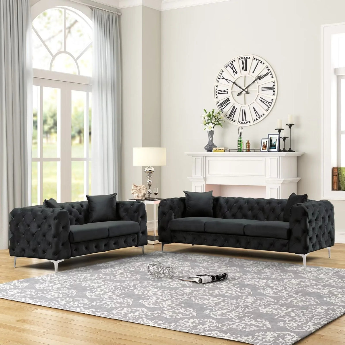 Morden Fort Modern Contemporary 2 Piece of Loveseat and Sofa Set with Deep Button Tufting Dutch Velvet, Solid Wood Frame and Iron Legs-Black