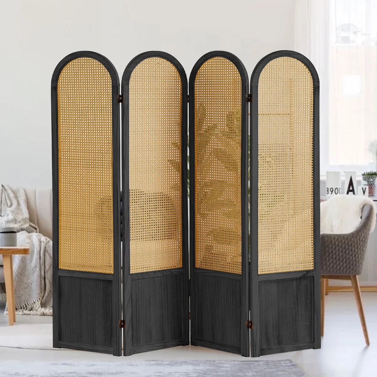Aletheiawu 6 Panel Rattan Room Divider and Folding Privacy Screens, No Installation Required, Black