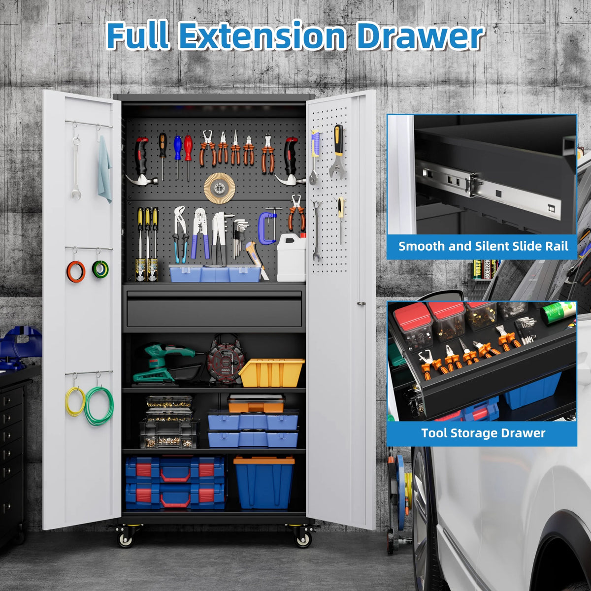 SUPEER 71" Metal Storage Cabinets with Wheels and Pegboards, Industrial Cabinet with 2 Drawers and 2 Adjustable Shelves,, Assembly Required