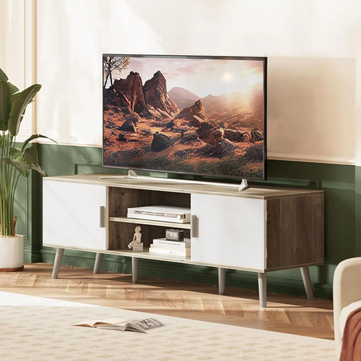 LL TV Stand for 55 Inch TV, Entertainment Center with Adjustable Shelf, 2 Cabinets, TV Console Table, Media Console, Solid Wood Feet, Cord Holes, for Living Room, Bedroom, White