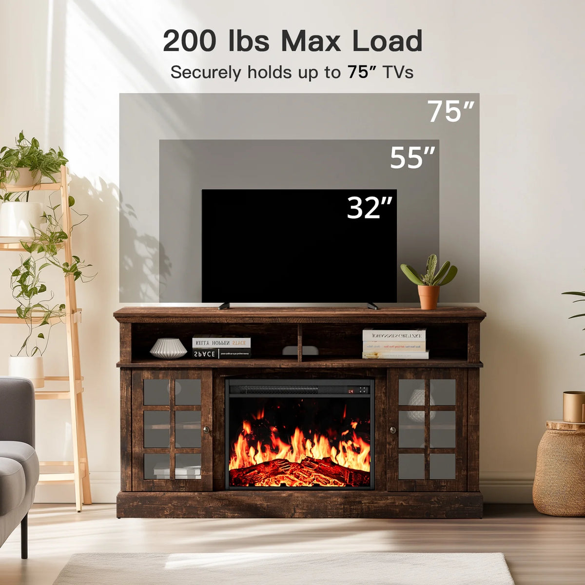 Electric Fireplace TV Stand for 75�� TVs Fireplace Entertainment Center TV Console Table with 23�� Fireplace, Holds up to 200 lbs