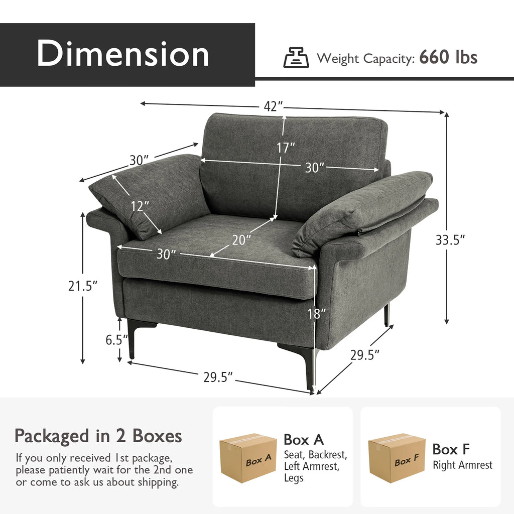 Costway Modern Linen Fabric Accent Armchair Upholstered Single Sofa w/ Metal Legs Grey