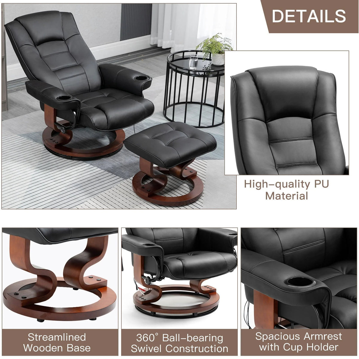 AVAWING Recliner Chair - Vibration Massage, Faux Leather, Ottoman, Swivel - Black