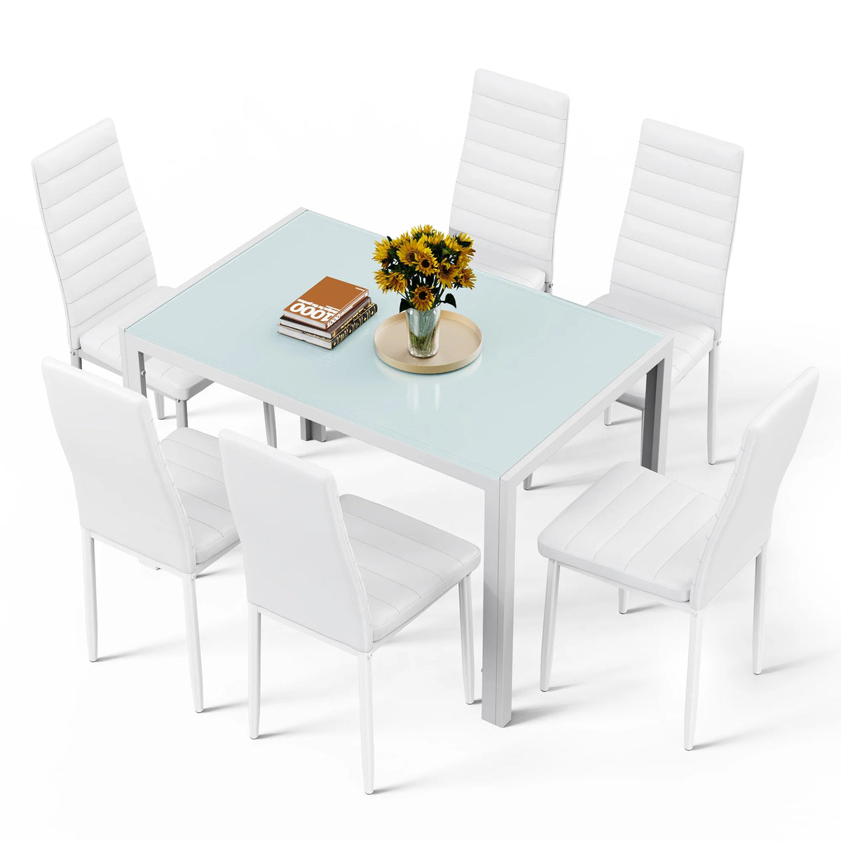 Asofer Modern 7 Piece Dining Table Sets for 6, Glass Kitchen Table, PU Leather Chair, Dining Room, Black