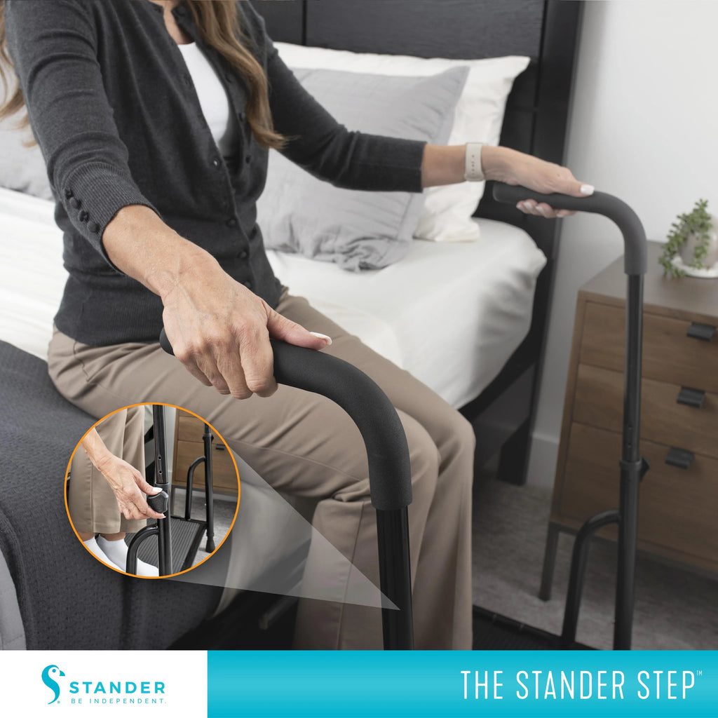Stander Step Stool, Bed Step with Adjustable Hand Rails for Seniors and Elderly Adults, Extra Wide Heavy Duty Step Ladder, Stepping Stool with Grab Bars and Motion Activated Light, White
