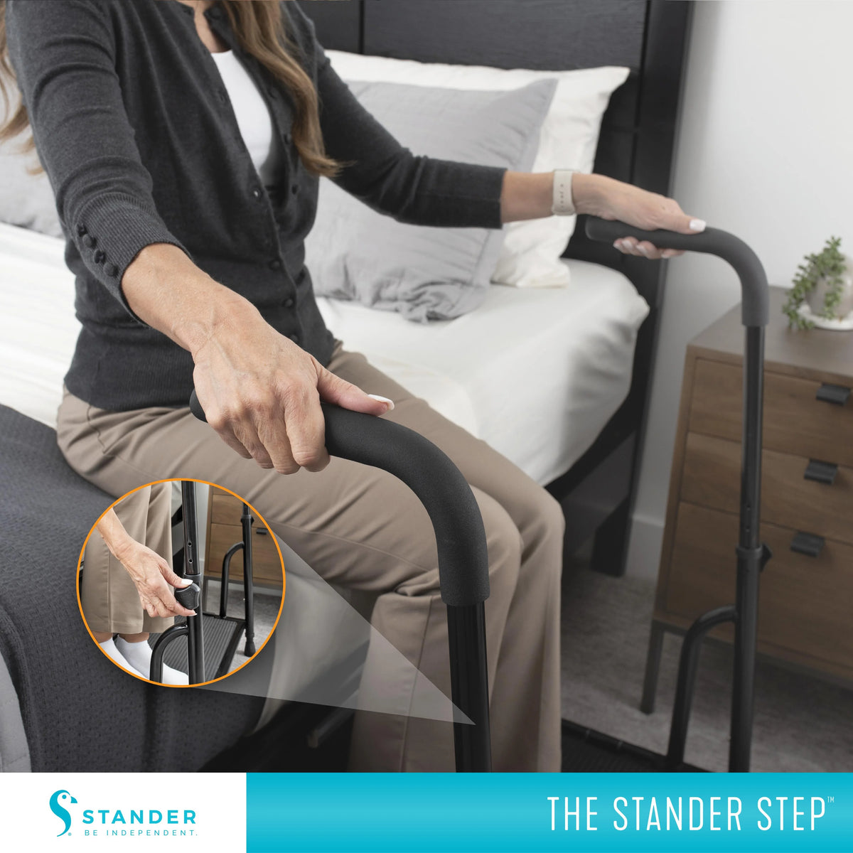 Stander Step Stool, Bed Step with Adjustable Hand Rails for Seniors and Elderly Adults, Extra Wide Heavy Duty Step Ladder, Stepping Stool with Grab Bars and Motion Activated Light, White