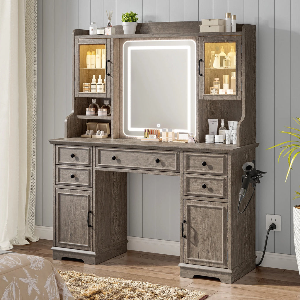 EnHomee Farmhouse Vanity Desk with Mirror and Lights White Vanity with Lighted Mirror Makeup Vanity Set with RGB Cabinets and Storage Drawers