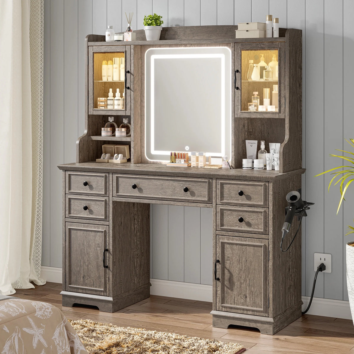 EnHomee Farmhouse Vanity Desk with Mirror and Lights White Vanity with Lighted Mirror Makeup Vanity Set with RGB Cabinets and Storage Drawers