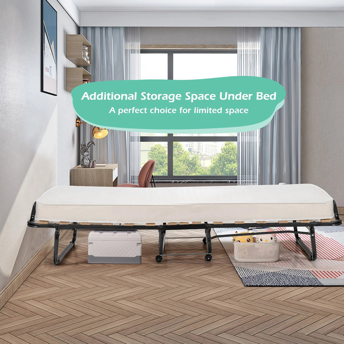 Gymax Portable Rollaway Guest Bed Folding Bed w/ Mattress Memory Foam & Dustproof Cover