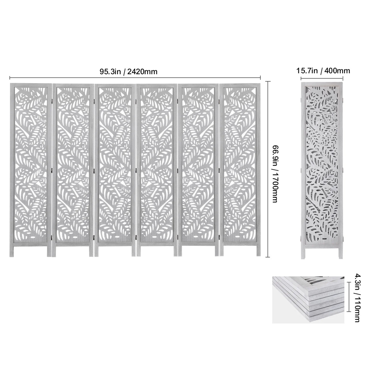 KFFKFF Wooden Space Separator, 6-Panel Foldable Privacy Barrier, 66.9 Inches High Indoor Engraved Partition Screen, Movable Decorative Panel, Ideal for Home, Office, Dining Area & Sleeping Quarters