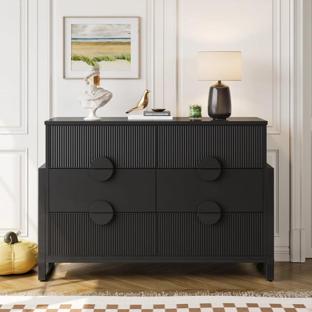 LGHM 3 Piece Bedroom Dresser and Nightstand Set, Fluted Wide Chest of Drawers, Bed Side Table End Table with LED Lights for Living Room, Black