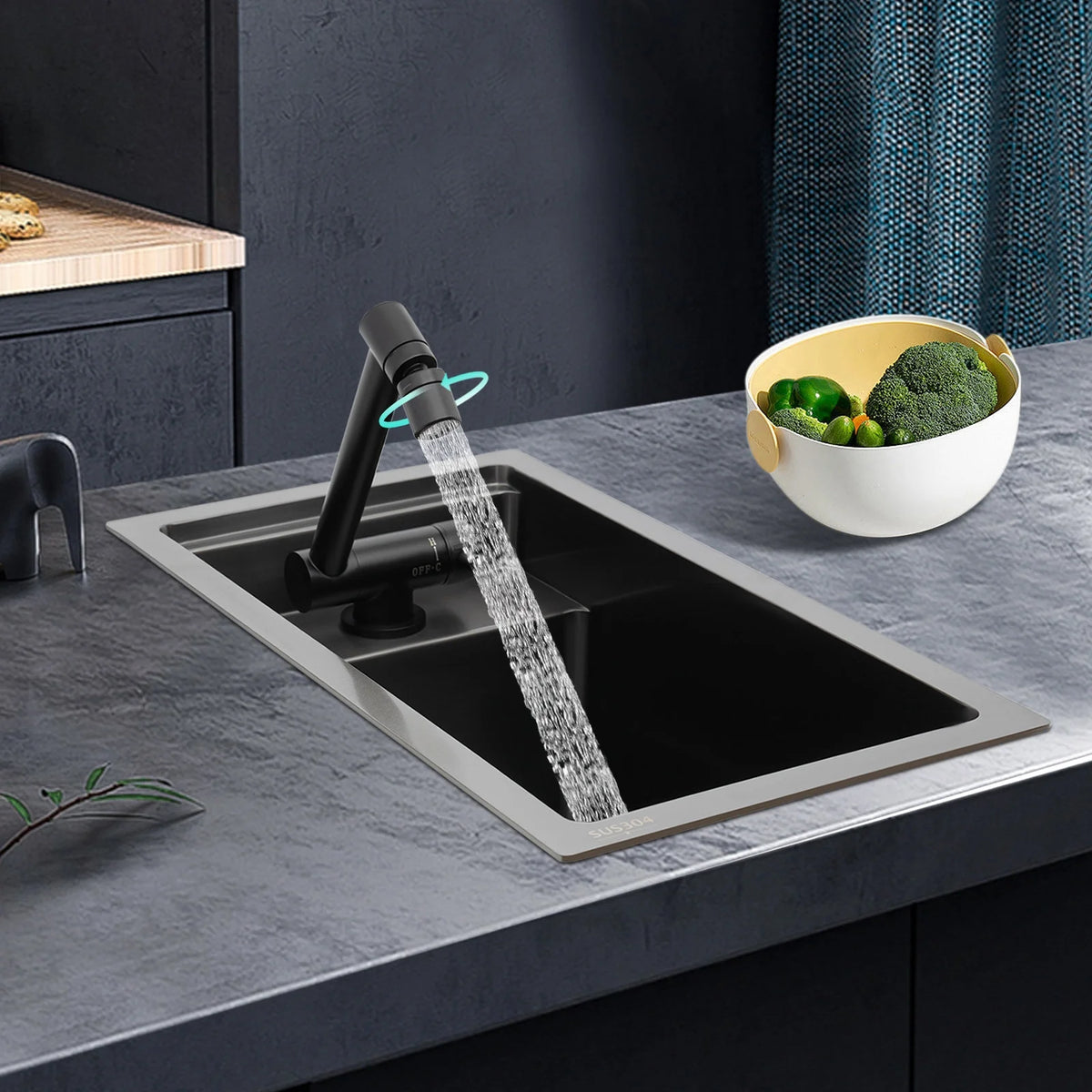 Modern Drop in Bar Sink, Single Bowl Kitchen Sink with Foldable Faucet, Black Nano 304 Stainless Steel Utility Sink for Compact Kitchen Commercial Hotel RV Laundry