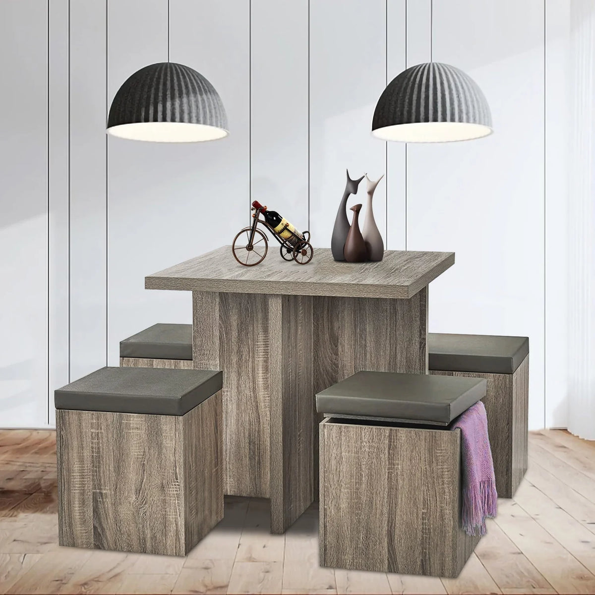 SUGIFT 5-Piece Dexter Dining Set with Storage Ottoman, Taupe