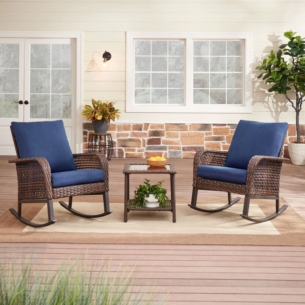 Mainstays Tuscany Ridge 3-Piece Wicker Rocking Chair Outdoor Bistro Set, Blue