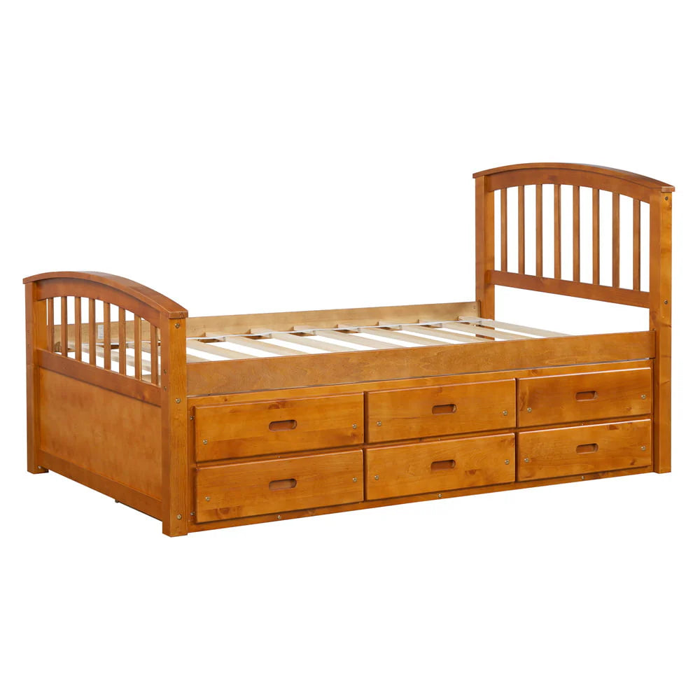 Twin Size Platform Bed with 6 Storage Drawers, Solid Wood Platform Bed Frame with Headboard and Footboard, Heavy Duty Daybed Captain’s Bed for Boys Girls Wood Slats Support, No Box Spring Need, Oak