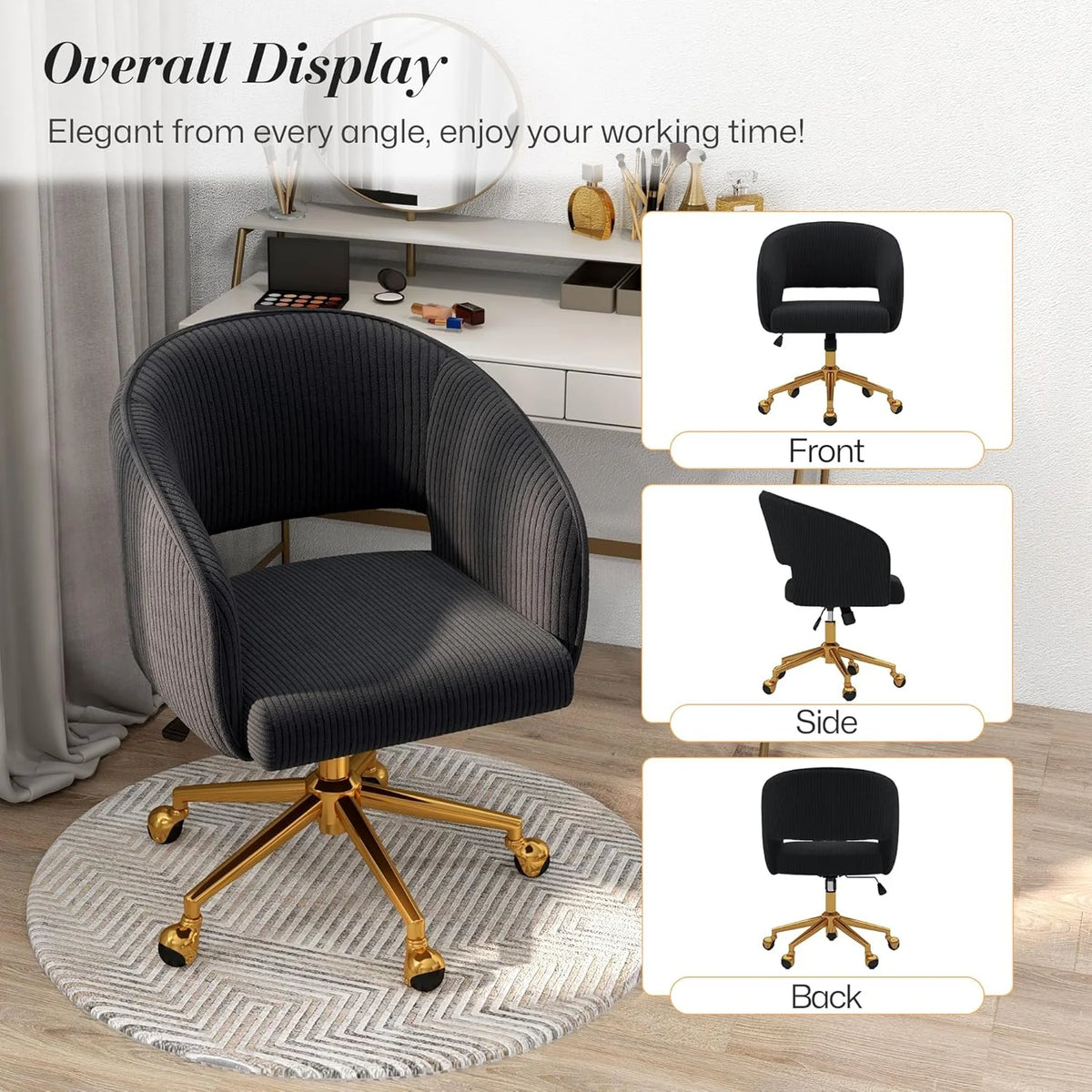 Home Office Swivel Desk Chair, Modern Velvet Vanity Chair, Height Adjustable Armchair with Gold Base, Ergonomic Office Chair for Task Study Computer Room, Beige