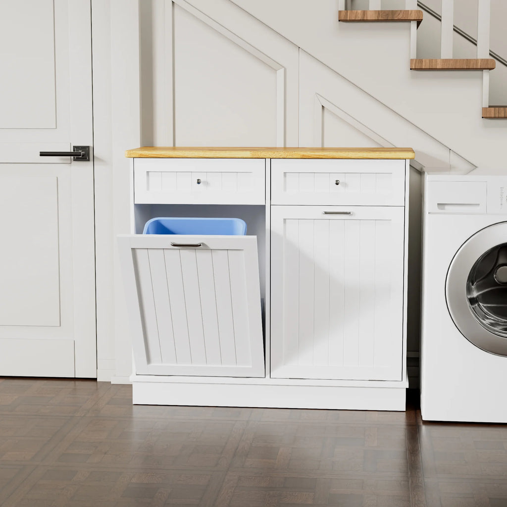 GETYES Double Tilt Out Trash Cabinet, Wooden Recycling Cabinet, 35.83 x 12.99 x 39.37 inches, White