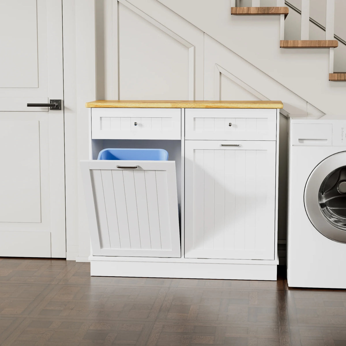 GETYES Double Tilt Out Trash Cabinet, Wooden Recycling Cabinet, 35.83 x 12.99 x 39.37 inches, White