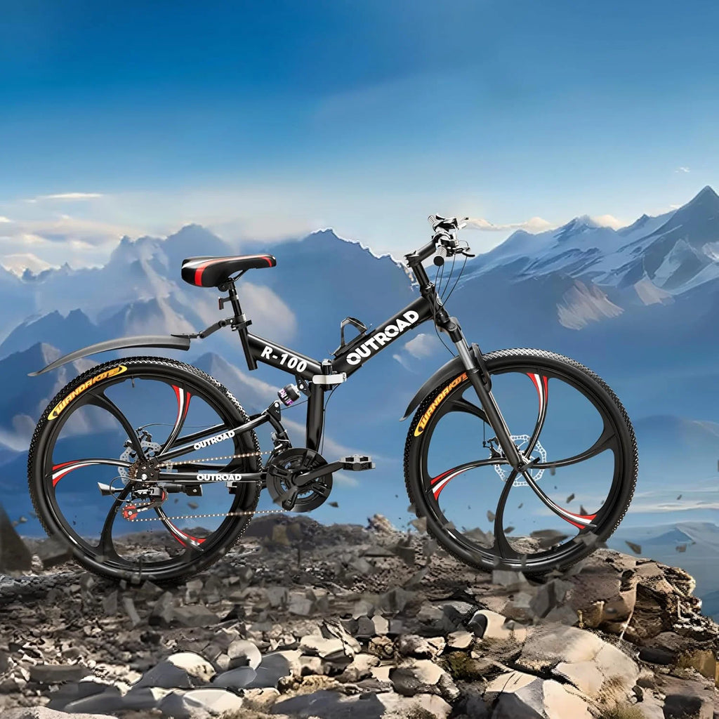SUNCROWN 26 Inch Folding Mountain Bike, 21 Speed Full Suspension High-Carbon Steel MTB Foldable Bicycle, Dual Disc Brake Non-Slip Folding Bikes for Adults/Men/Women, Black
