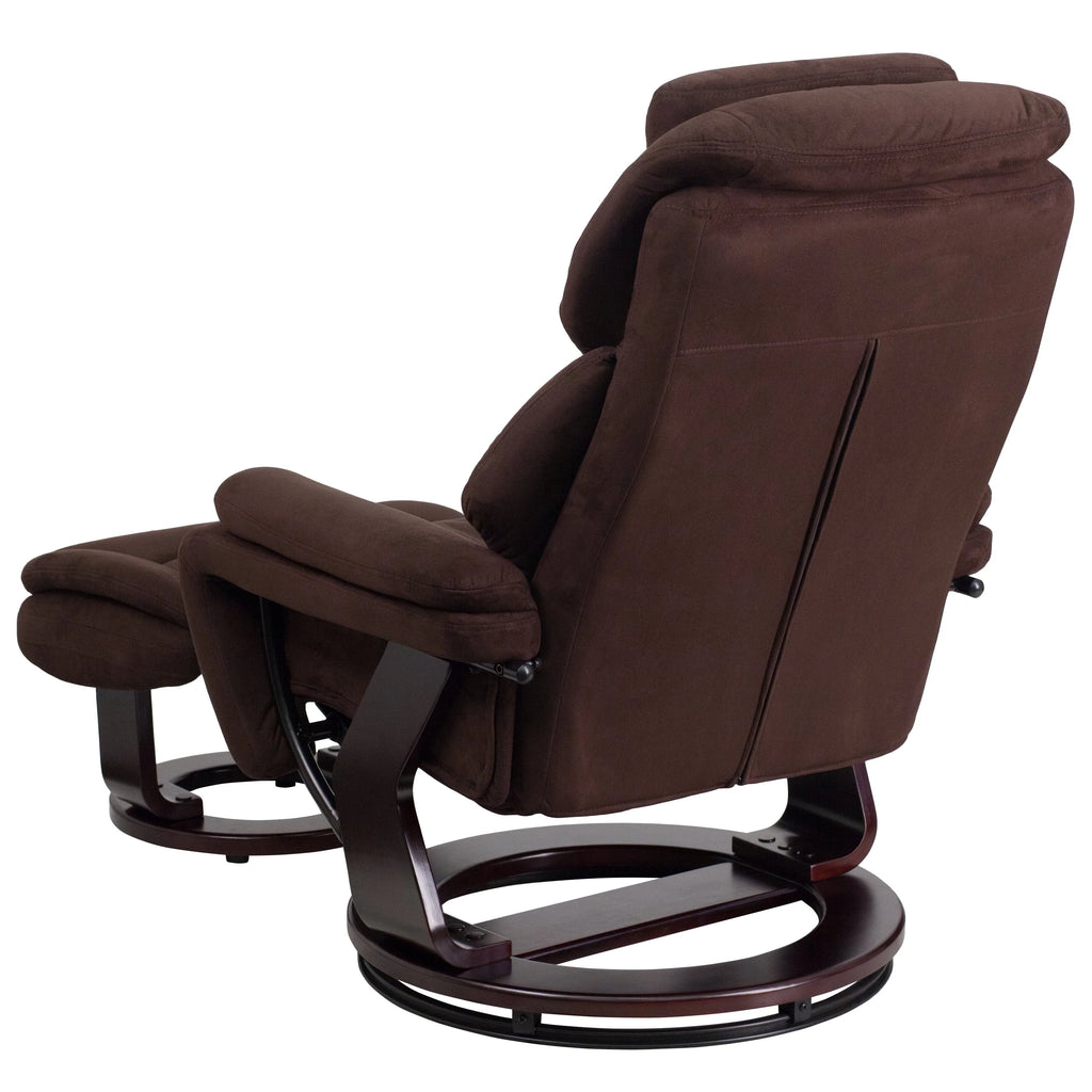 Emma + Oliver Multi-Position Recliner & Ottoman with Swivel Wood Base in Brown Microfiber