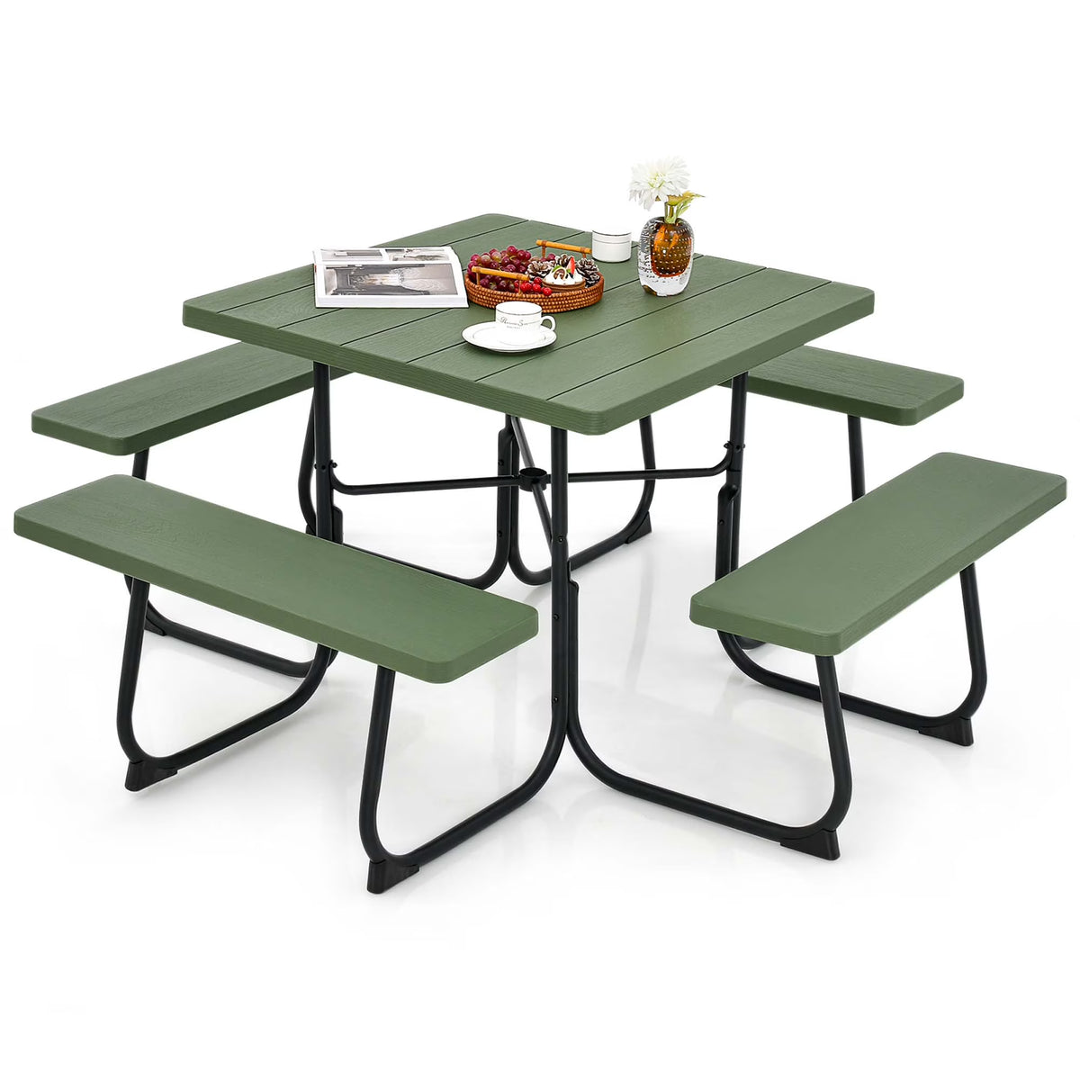 Costway Outdoor 8-person Square Picnic Table Bench Set with 4 Benches & Umbrella Hole White