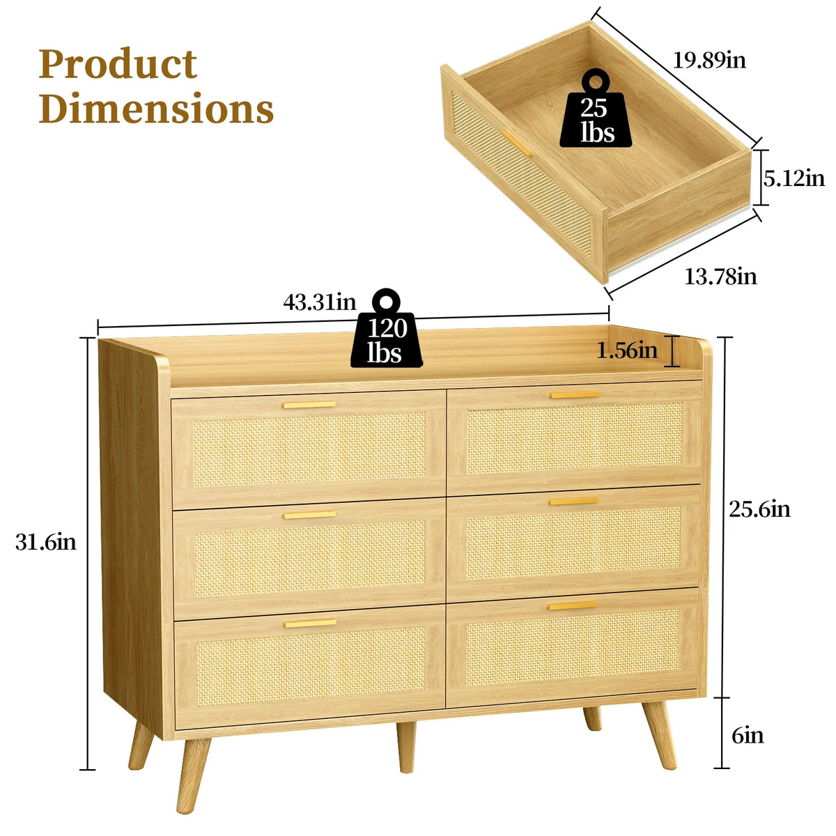 Capri 3 Drawer Dresser, Rattan Storage Wide Chest of Drawers, Night Stand Storage Cabinet for Women, Kids, Baby, Nursery, Girls, Bedroom Living Room Furniture, Natural