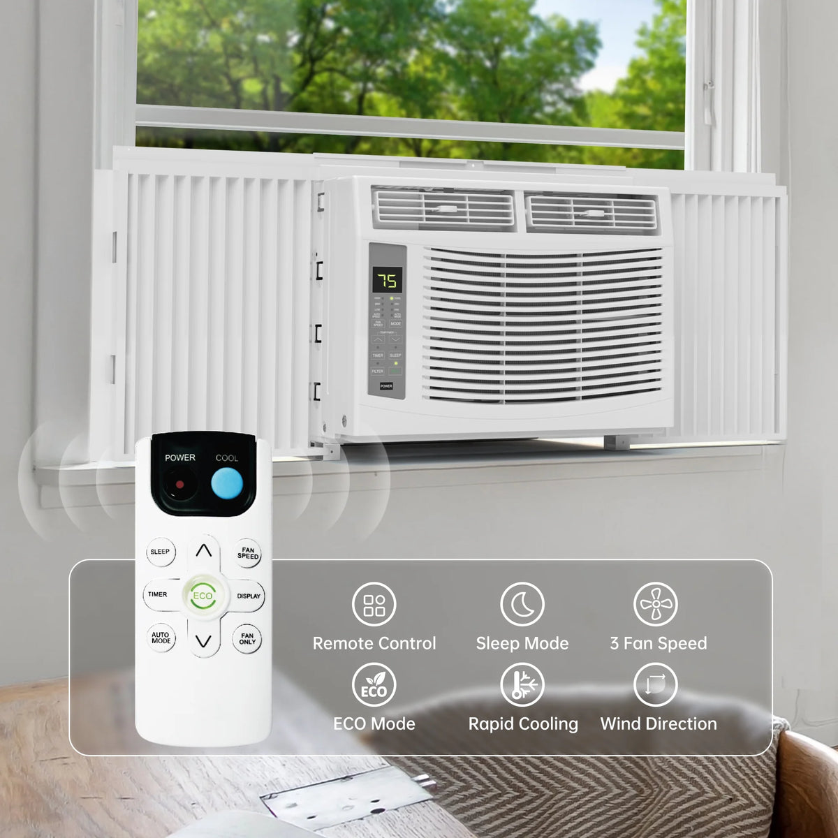 Window Air Conditioner 6000 BTU  Cool to 250 sq ft Intelligent, LED,Remote Control, Easy to Clean Filter Screen, Can Be Used as a Dehumidifier/Fan, Operates Quietly, and is Energy-Saving